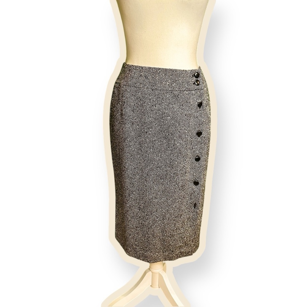 Talbots Vintage Black & White Tweed Italian Wool-Blend Side Button Midi Skirt 4